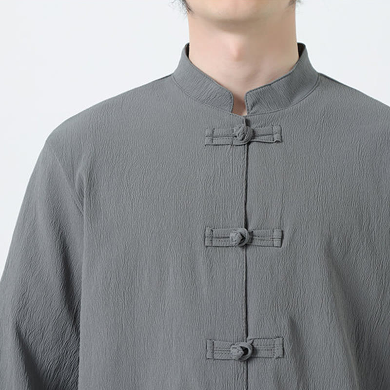 Buddha Stones 2Pcs Solid Frog-Button Three Quarter Sleeve Shirt Pants Men's Set - image 8