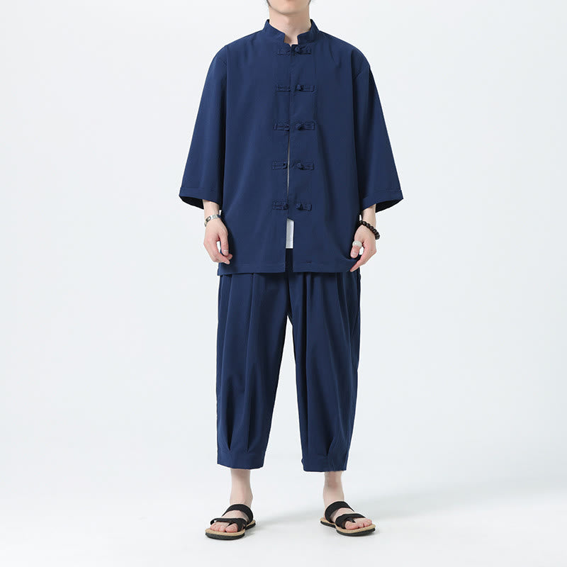 Buddha Stones 2Pcs Solid Frog-Button Three Quarter Sleeve Shirt Pants Men's Set - image 51