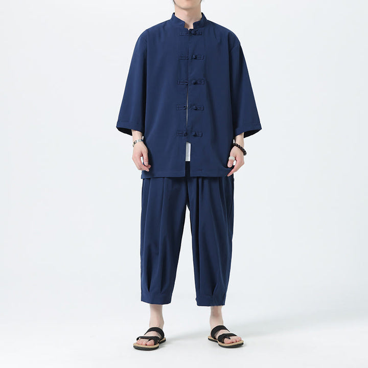 Buddha Stones 2Pcs Solid Frog-Button Three Quarter Sleeve Shirt Pants Men's Set - image 51