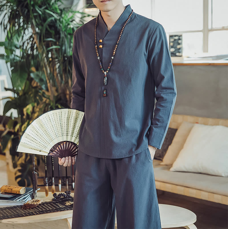 Buddha Stones 2Pcs Cotton Shirt Ankle-Length Pants With Pockets Men's Meditation Cloth Set - image 41