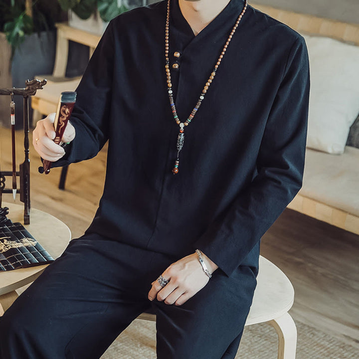 Buddha Stones 2Pcs Cotton Shirt Ankle-Length Pants With Pockets Men's Meditation Cloth Set - image 14