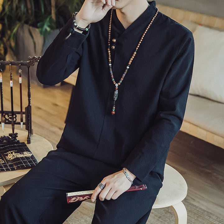 Buddha Stones 2Pcs Cotton Shirt Ankle-Length Pants With Pockets Men's Meditation Cloth Set - image 16