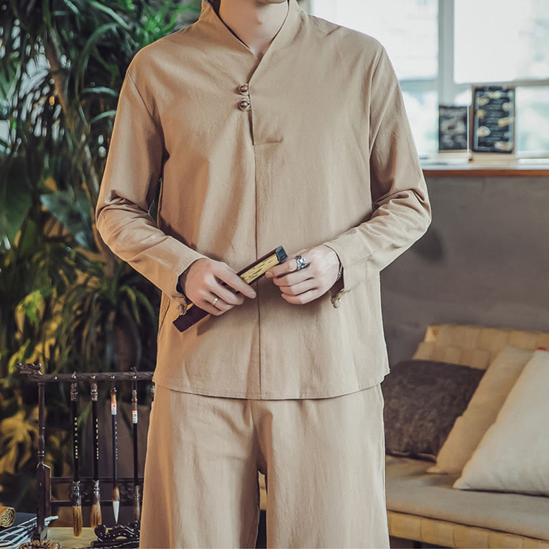 Buddha Stones 2Pcs Cotton Shirt Ankle-Length Pants With Pockets Men's Meditation Cloth Set - image 32