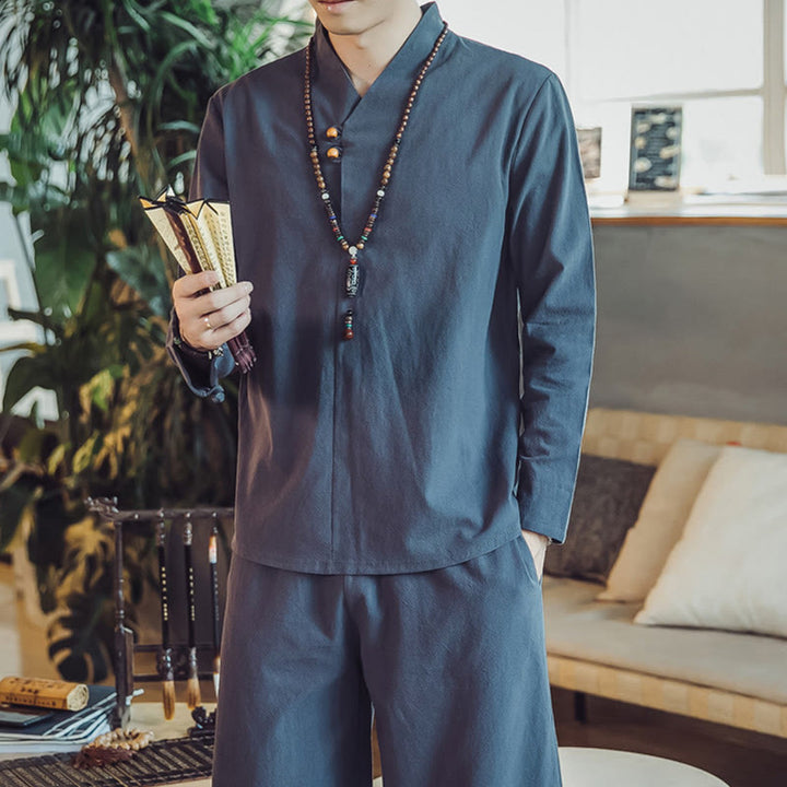 Buddha Stones 2Pcs Cotton Shirt Ankle-Length Pants With Pockets Men's Meditation Cloth Set - image 42