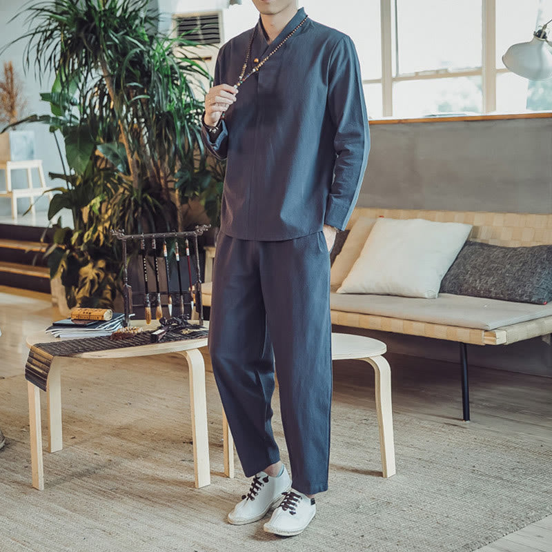 Buddha Stones 2Pcs Cotton Shirt Ankle-Length Pants With Pockets Men's Meditation Cloth Set - image 36