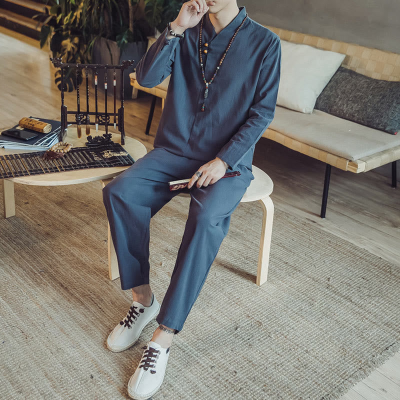 Buddha Stones 2Pcs Cotton Shirt Ankle-Length Pants With Pockets Men's Meditation Cloth Set - image 37