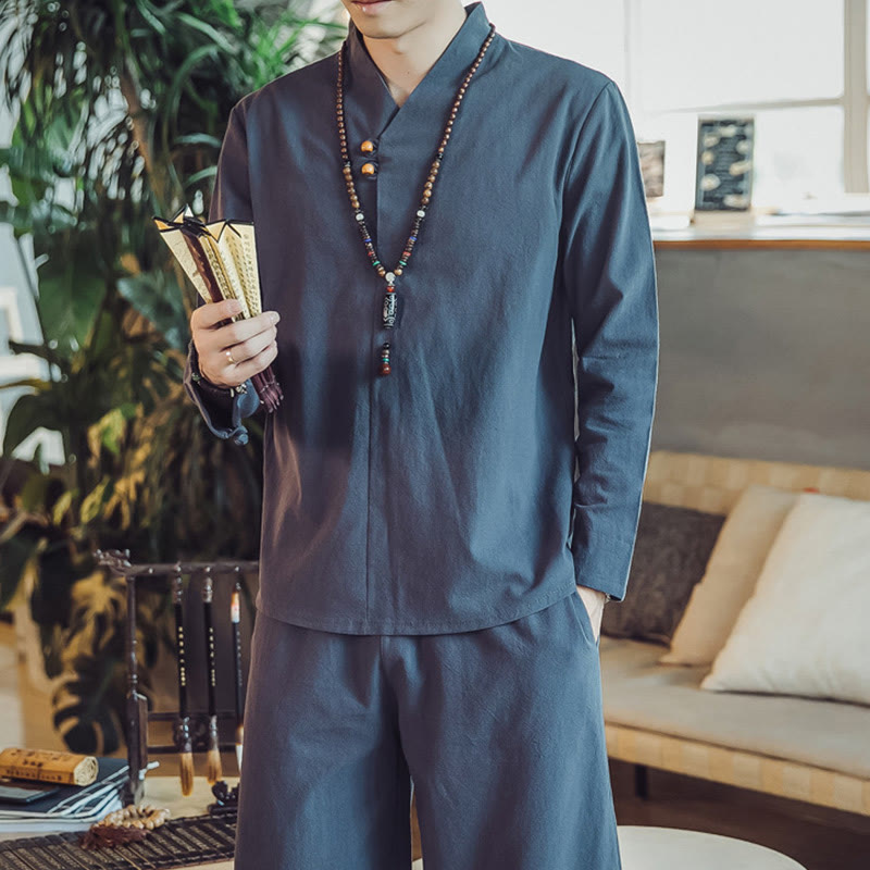 Buddha Stones 2Pcs Cotton Shirt Ankle-Length Pants With Pockets Men's Meditation Cloth Set - image 42