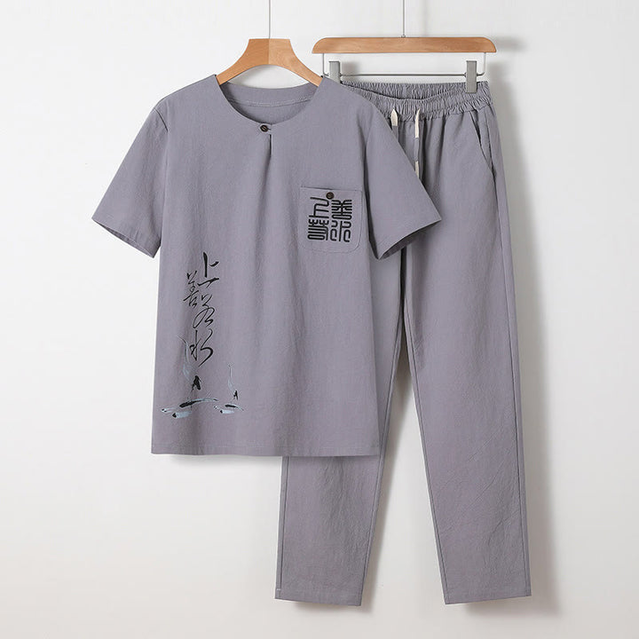 Buddha Stones 2Pcs Chinese Characters Crane Cotton Shirt Pants With Pockets Men's Meditation Cloth Set - LightGrey - US/UK/AU46，EU56 (5XL) - image 1