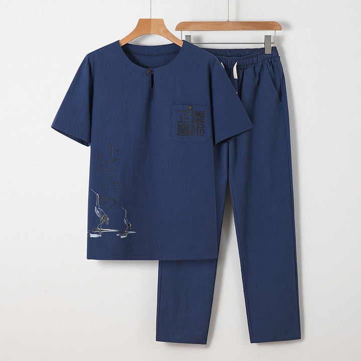Buddha Stones 2Pcs Chinese Characters Crane Cotton Shirt Pants With Pockets Men's Meditation Cloth Set - SteelBlue - US/UK/AU46，EU56 (5XL) - image 6