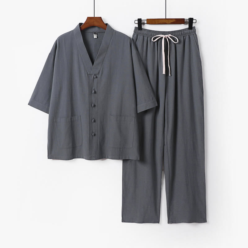Buddha Stones 2Pcs Summer V-Neck Cotton Shirt Pants With Pockets Men's Meditation Cloth Set - LightGrey - US/UK/AU56，EU66(9XL) - image 1