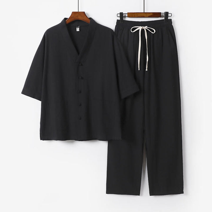 Buddha Stones 2Pcs Summer V-Neck Cotton Shirt Pants With Pockets Men's Meditation Cloth Set - Black - US/UK/AU56，EU66(9XL) - image 12
