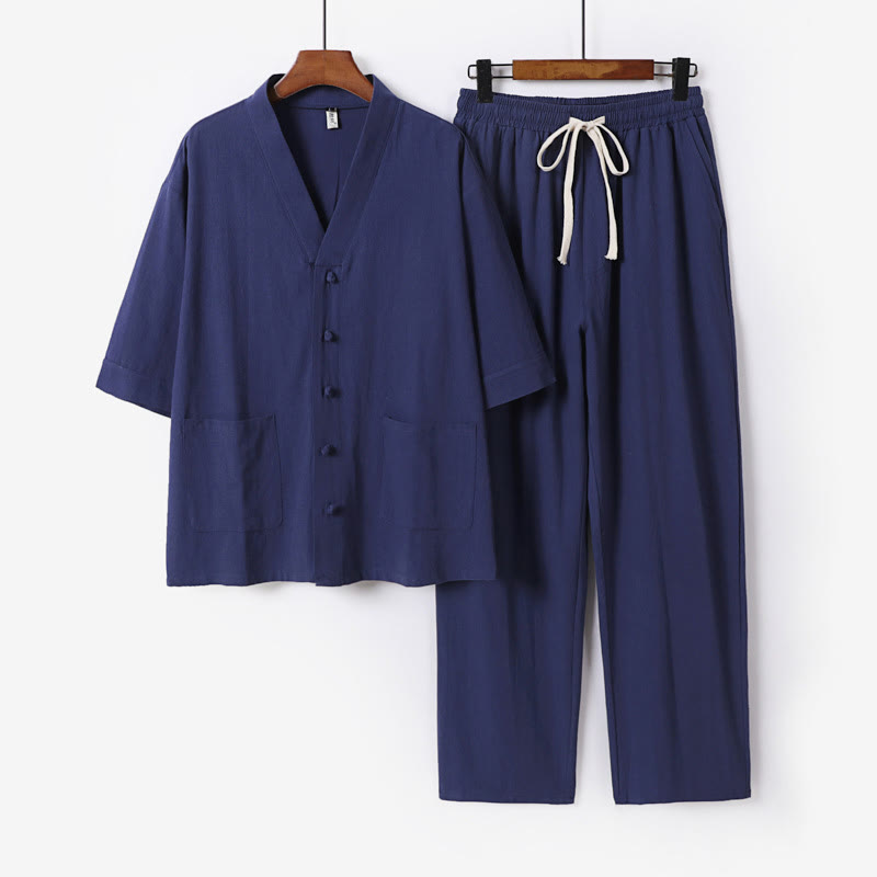 Buddha Stones 2Pcs Summer V-Neck Cotton Shirt Pants With Pockets Men's Meditation Cloth Set - SteelBlue - US/UK/AU56，EU66(9XL) - image 18