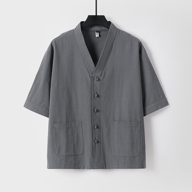 Buddha Stones 2Pcs Summer V-Neck Cotton Shirt Pants With Pockets Men's Meditation Cloth Set - image 2
