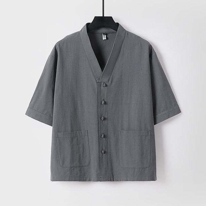 Buddha Stones 2Pcs Summer V-Neck Cotton Shirt Pants With Pockets Men's Meditation Cloth Set - image 2