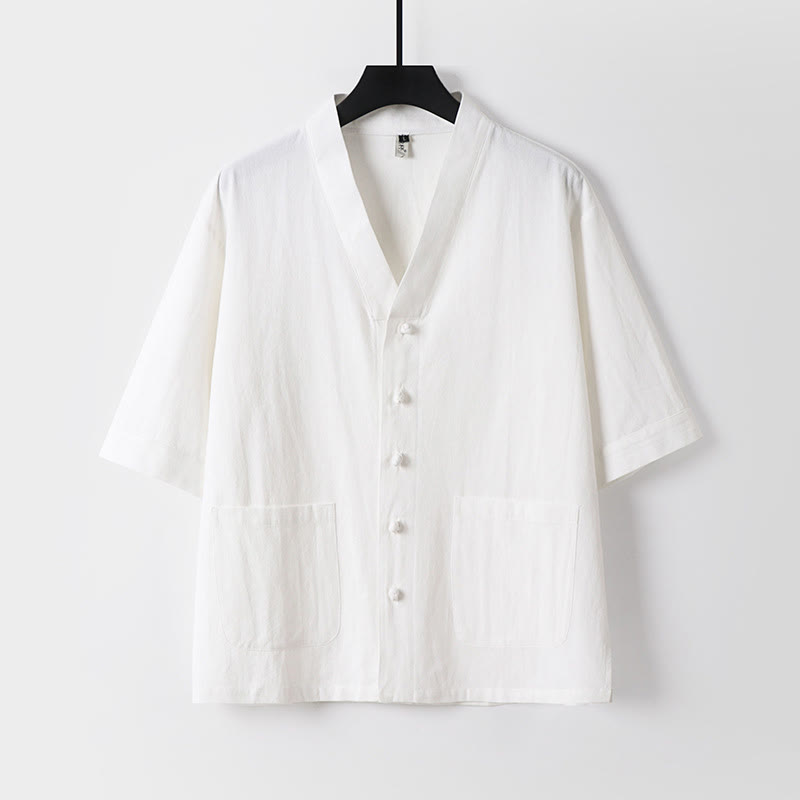Buddha Stones 2Pcs Summer V-Neck Cotton Shirt Pants With Pockets Men's Meditation Cloth Set - image 5