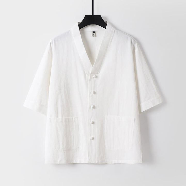 Buddha Stones 2Pcs Summer V-Neck Cotton Shirt Pants With Pockets Men's Meditation Cloth Set - image 5