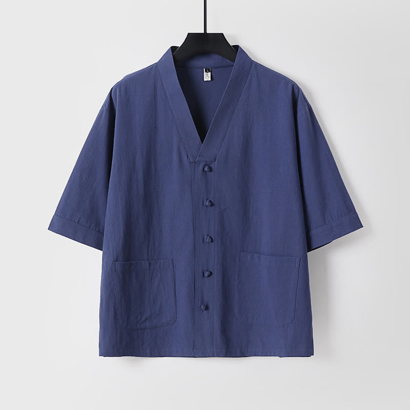 Buddha Stones 2Pcs Summer V-Neck Cotton Shirt Pants With Pockets Men's Meditation Cloth Set - image 19