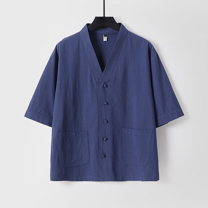 Buddha Stones 2Pcs Summer V-Neck Cotton Shirt Pants With Pockets Men's Meditation Cloth Set - image 19