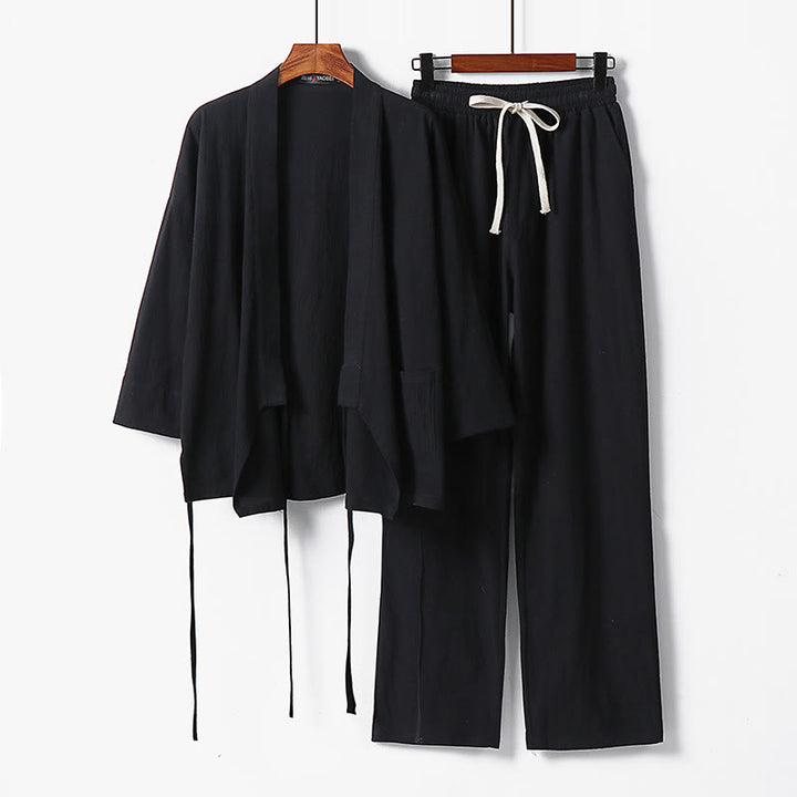 Buddha Stones 2Pcs Lace-up Cotton Linen Kimono Pants With Pockets Men's Meditation Cloth Set - Black - US/UK/AU54，EU64 (9XL) - image 6
