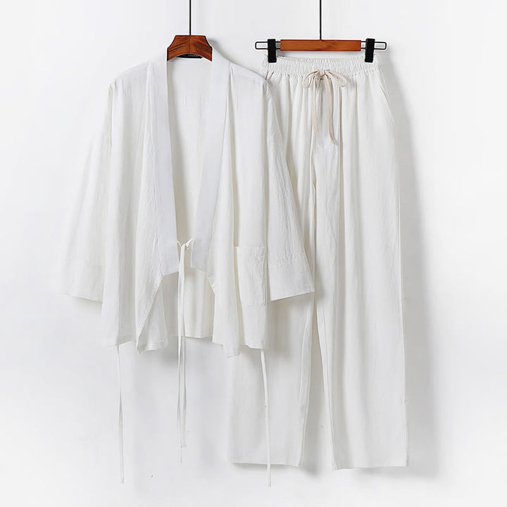 Buddha Stones 2Pcs Lace-up Cotton Linen Kimono Pants With Pockets Men's Meditation Cloth Set - White - US/UK/AU54，EU64 (9XL) - image 1