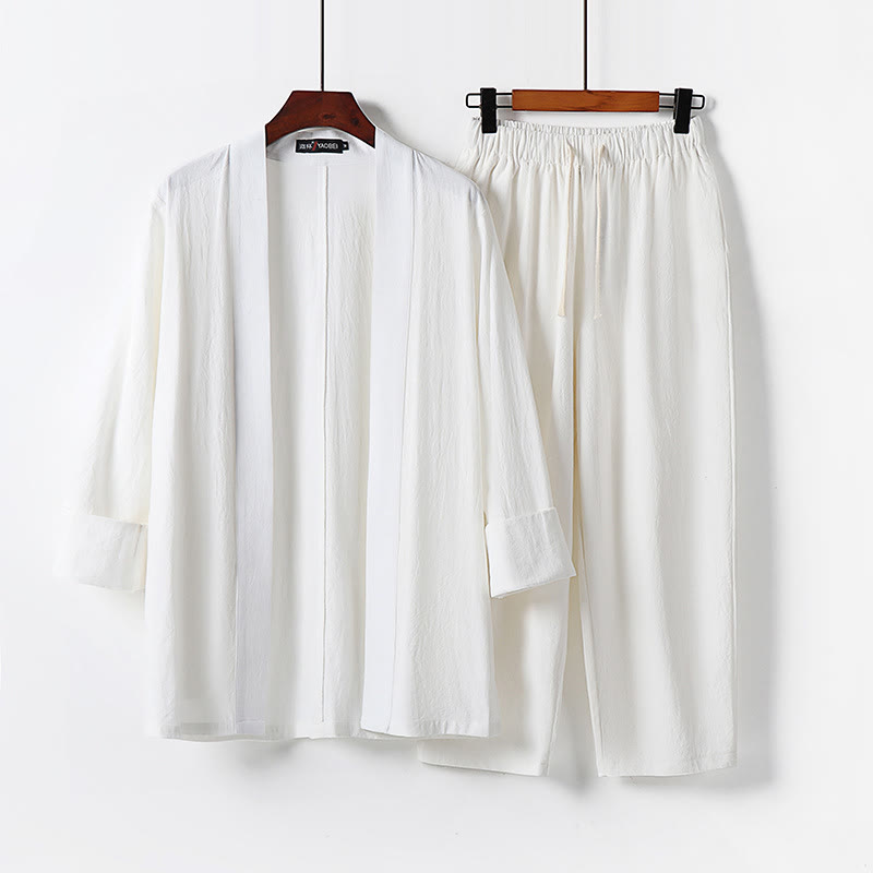 Buddha Stones 2Pcs Cotton Kimono Ankle-Length Pants Men's Meditation Cloth Set - White - US/UK/AU54，EU64 (9XL) - image 3