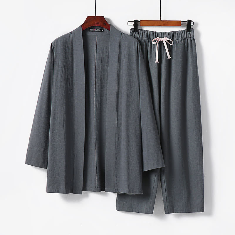 Buddha Stones 2Pcs Cotton Kimono Ankle-Length Pants Men's Meditation Cloth Set - Gray - US/UK/AU54，EU64 (9XL) - image 1
