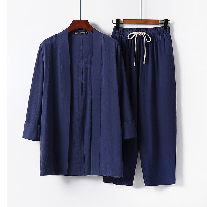 Buddha Stones 2Pcs Cotton Kimono Ankle-Length Pants Men's Meditation Cloth Set - SteelBlue - US/UK/AU54，EU64 (9XL) - image 14