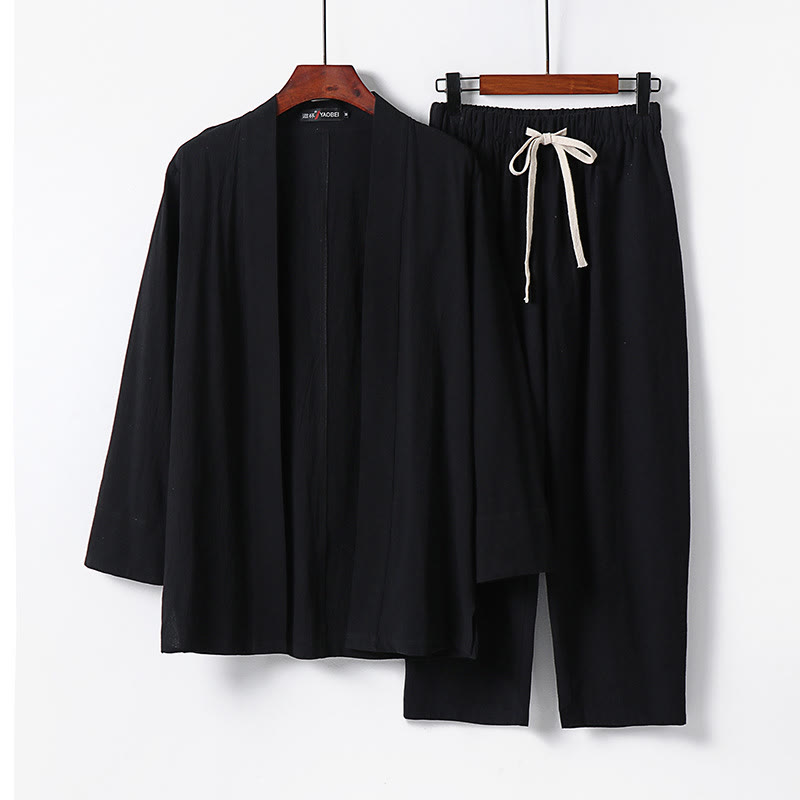 Buddha Stones 2Pcs Cotton Kimono Ankle-Length Pants Men's Meditation Cloth Set - Black - US/UK/AU54，EU64 (9XL) - image 6