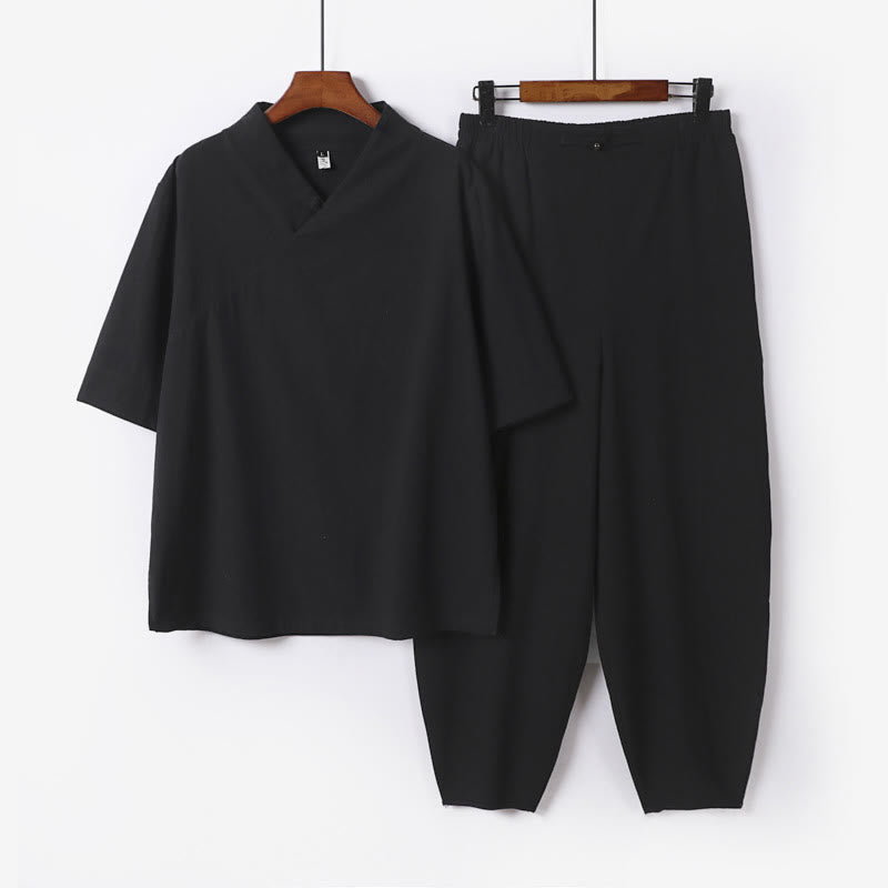 Buddha Stones 2Pcs V-Neck Cotton Half Sleeve Shirt Pants With Pockets Men's Meditation Cloth Set - Black - US/UK/AU56，EU66(9XL) - image 17