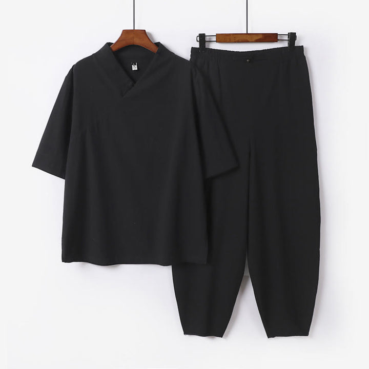 Buddha Stones 2Pcs V-Neck Cotton Half Sleeve Shirt Pants With Pockets Men's Meditation Cloth Set - Black - US/UK/AU56，EU66(9XL) - image 17
