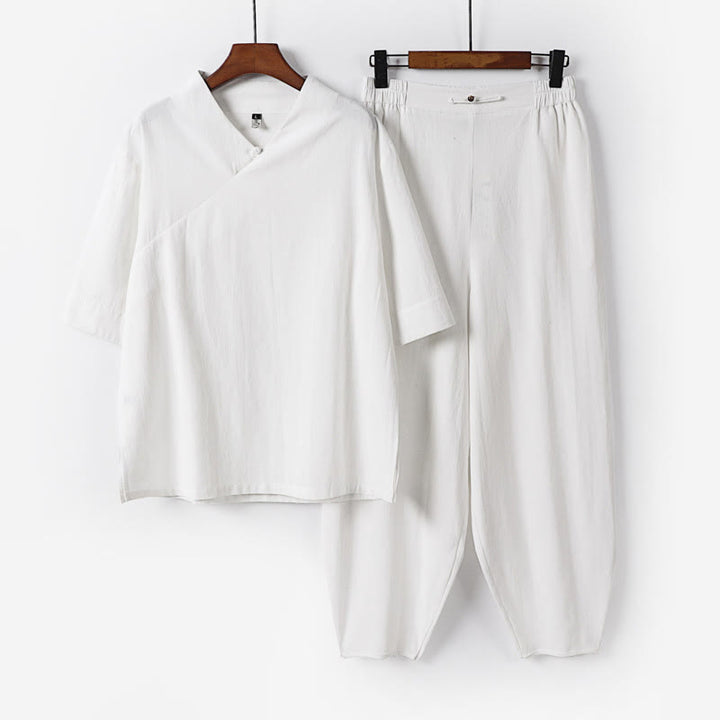 Buddha Stones 2Pcs V-Neck Cotton Half Sleeve Shirt Pants With Pockets Men's Meditation Cloth Set - White - US/UK/AU56，EU66(9XL) - image 5