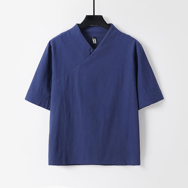 Buddha Stones 2Pcs V-Neck Cotton Half Sleeve Shirt Pants With Pockets Men's Meditation Cloth Set - image 1