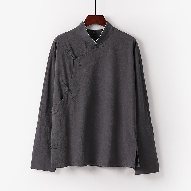 Buddha Stones Vintage Plain Chinese Frog-Button Cotton Long Sleeve Men's Shirt - LightGrey - US/UK/AU50，EU60 (7XL) - image 3