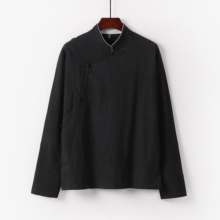 Buddha Stones Vintage Plain Chinese Frog-Button Cotton Long Sleeve Men's Shirt - Black - US/UK/AU50，EU60 (7XL) - image 3