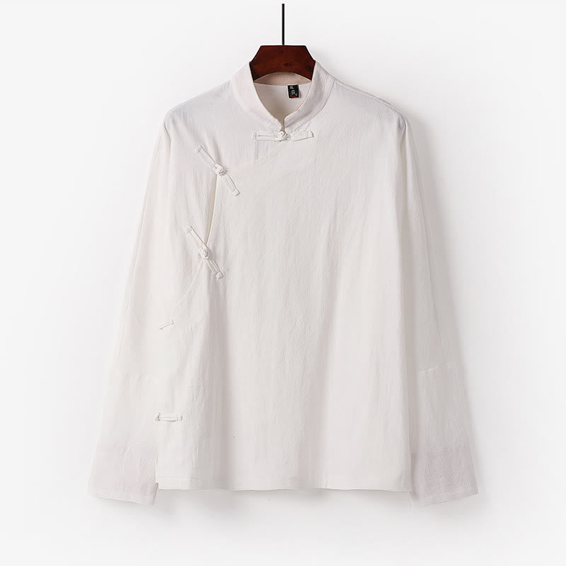 Buddha Stones Vintage Plain Chinese Frog-Button Cotton Long Sleeve Men's Shirt - White - US/UK/AU50，EU60 (7XL) - image 2