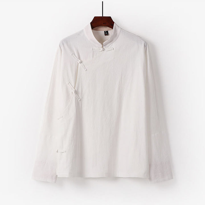 Buddha Stones Vintage Plain Chinese Frog-Button Cotton Long Sleeve Men's Shirt - White - US/UK/AU50，EU60 (7XL) - image 2