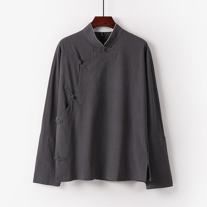 Buddha Stones Vintage Plain Chinese Frog-Button Cotton Long Sleeve Men's Shirt - LightGrey - US/UK/AU50，EU60 (7XL) - image 2