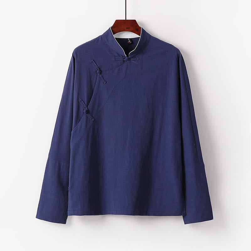 Buddha Stones Vintage Plain Chinese Frog-Button Cotton Long Sleeve Men's Shirt - SteelBlue - US/UK/AU50，EU60 (7XL) - image 0