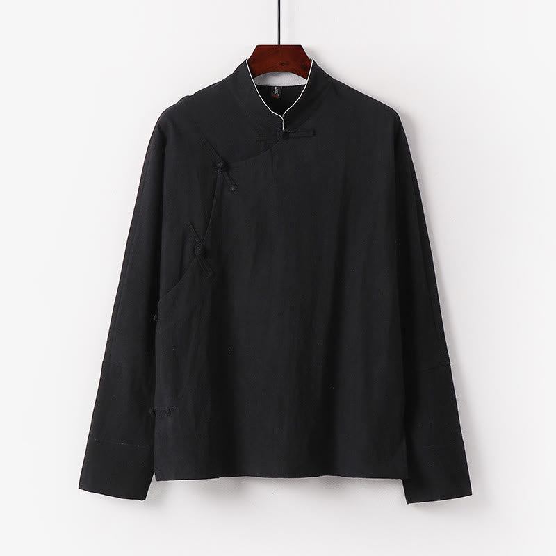 Buddha Stones Vintage Plain Chinese Frog-Button Cotton Long Sleeve Men's Shirt - Black - US/UK/AU50，EU60 (7XL) - image 4