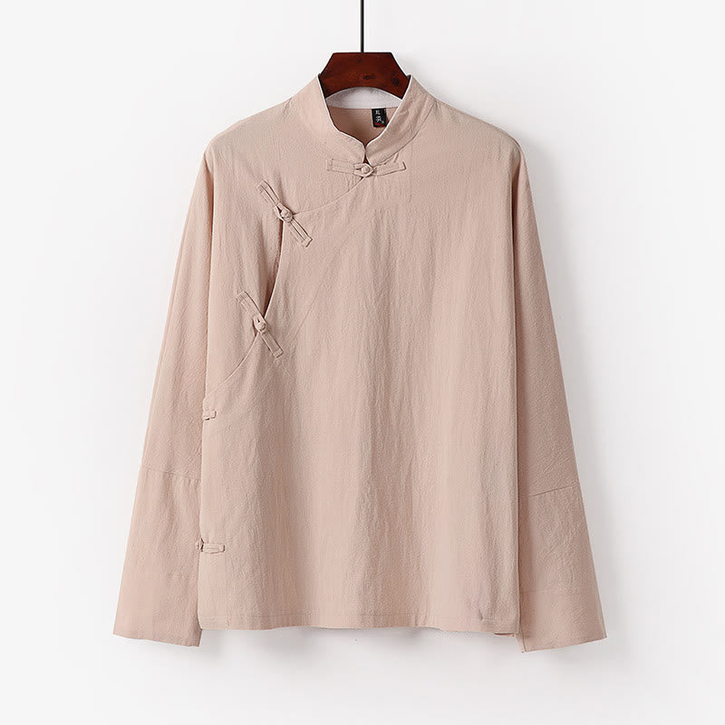 Buddha Stones Vintage Plain Chinese Frog-Button Cotton Long Sleeve Men's Shirt - Wheat - US/UK/AU50，EU60 (7XL) - image 4