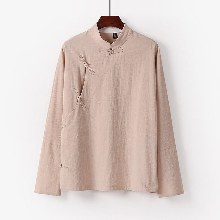 Buddha Stones Vintage Plain Chinese Frog-Button Cotton Long Sleeve Men's Shirt - Wheat - US/UK/AU50，EU60 (7XL) - image 5
