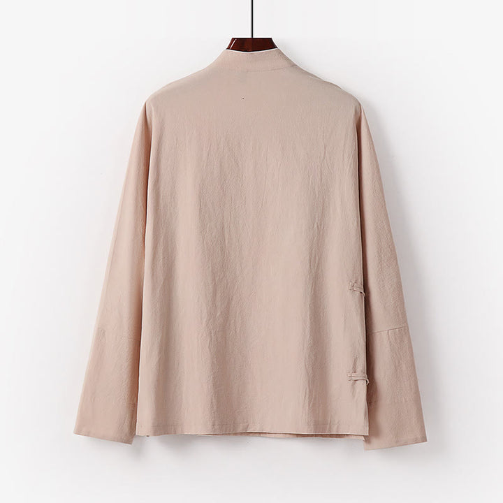 Buddha Stones Vintage Plain Chinese Frog-Button Cotton Long Sleeve Men's Shirt - image 5