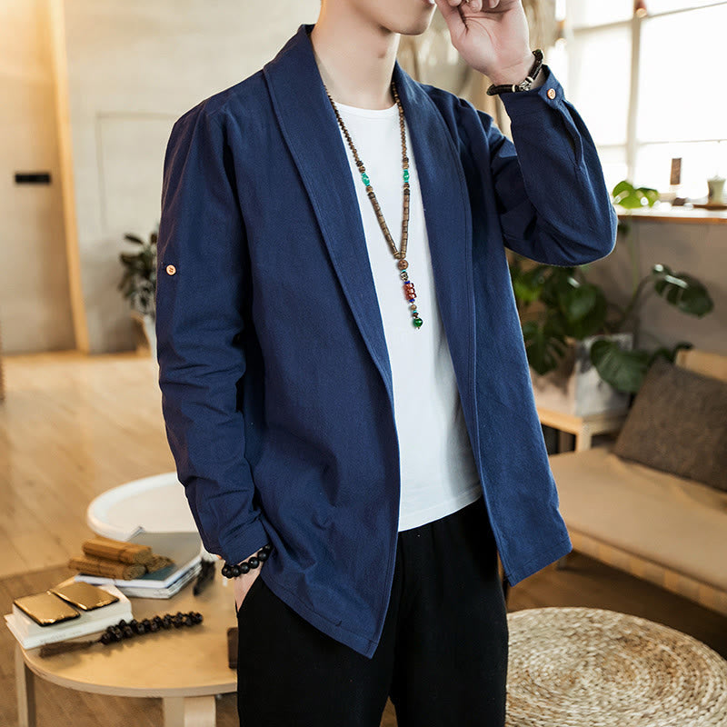 Buddha Stones Vintage Plain Lapel Open Front Jacket Cotton Men's Kimono - image 2