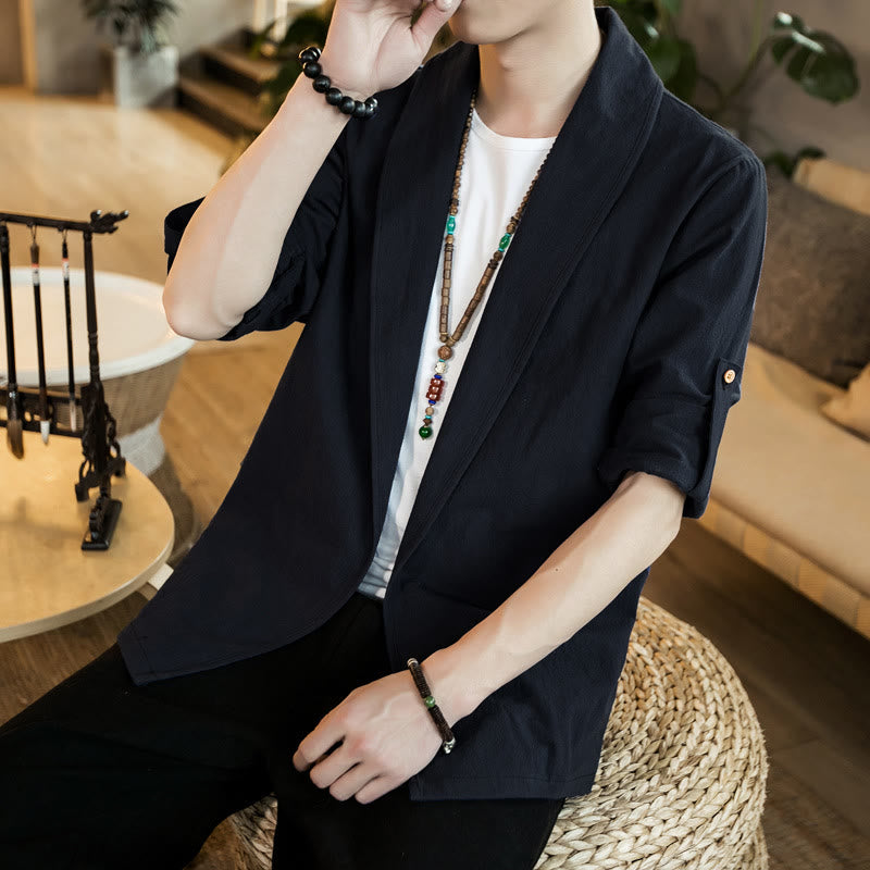 Buddha Stones Vintage Plain Lapel Open Front Jacket Cotton Men's Kimono - image 20