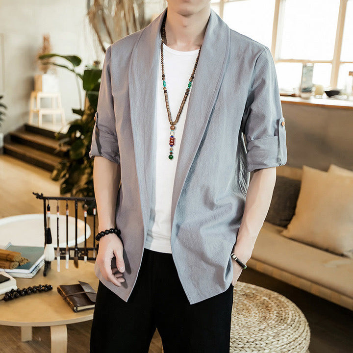 Buddha Stones Vintage Plain Lapel Open Front Jacket Cotton Men's Kimono - LightGrey - US/UK/AU46，EU56 (5XL) - image 8