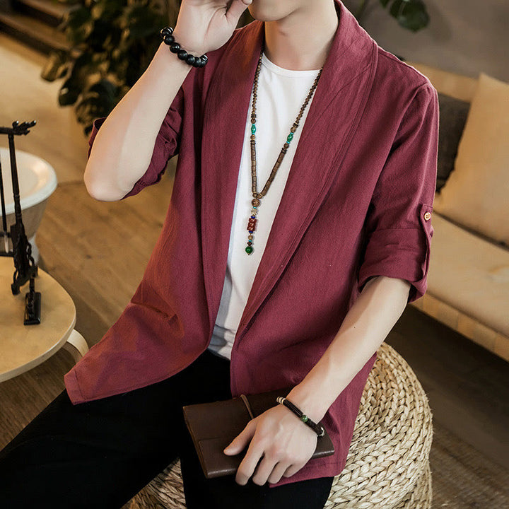 Buddha Stones Vintage Plain Lapel Open Front Jacket Cotton Men's Kimono - image 25