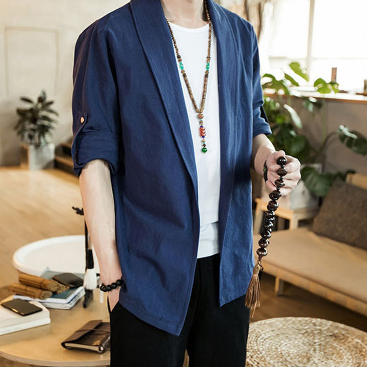 Buddha Stones Vintage Plain Lapel Open Front Jacket Cotton Men's Kimono - image 4