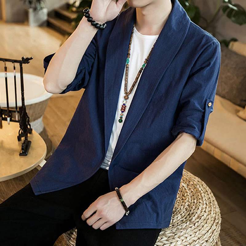 Buddha Stones Vintage Plain Lapel Open Front Jacket Cotton Men's Kimono - image 8
