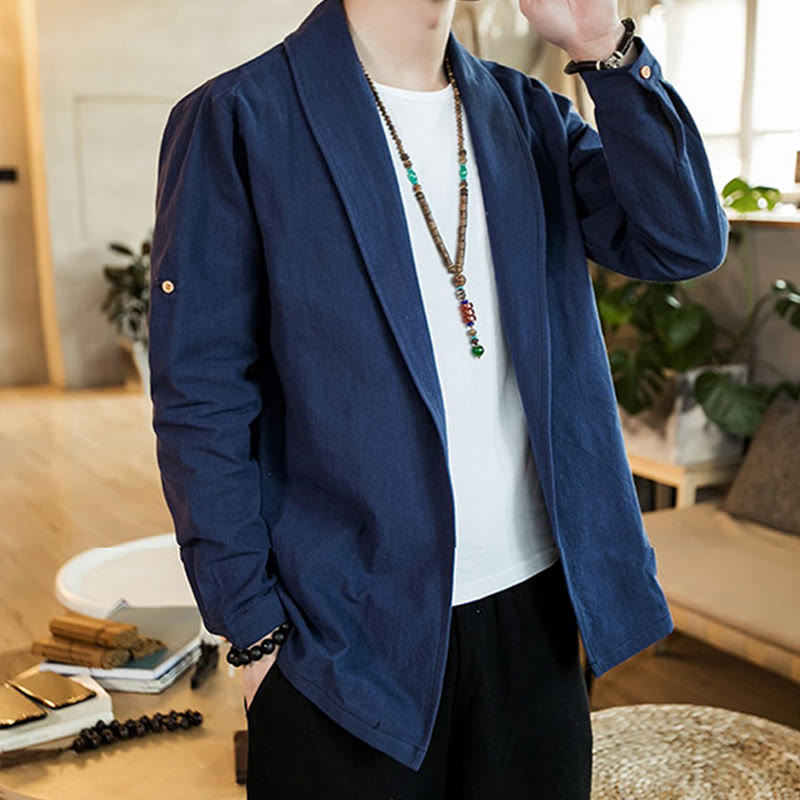 Buddha Stones Vintage Plain Lapel Open Front Jacket Cotton Men's Kimono - image 6