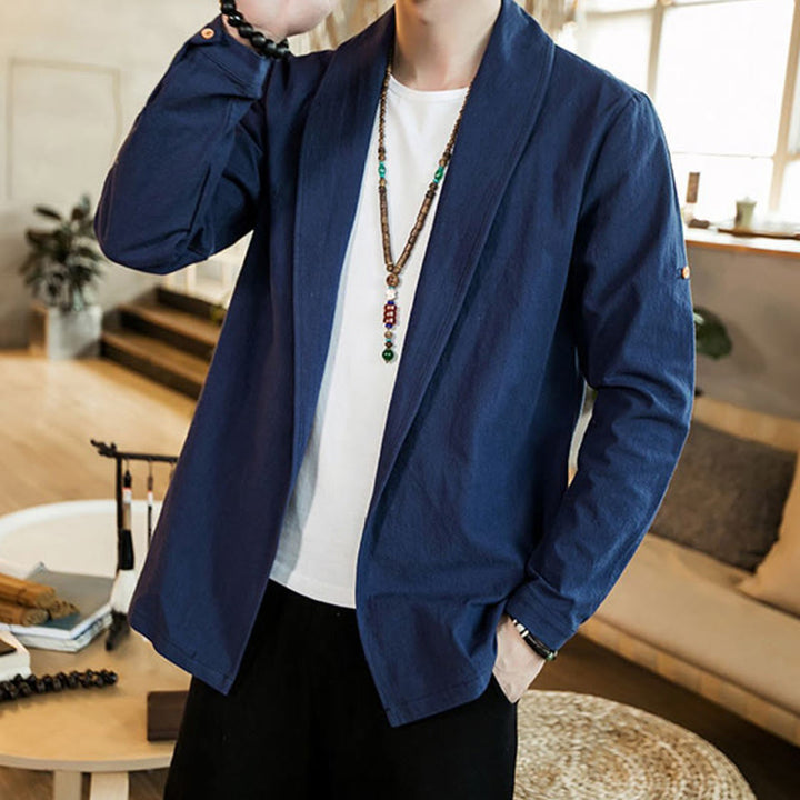 Buddha Stones Vintage Plain Lapel Open Front Jacket Cotton Men's Kimono - image 7